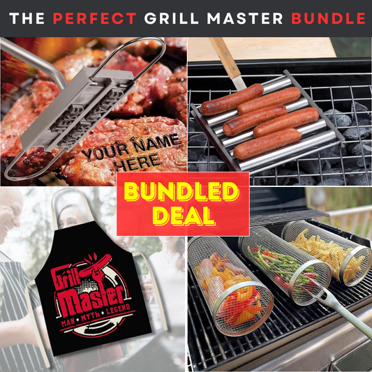 Grill Master Exclusive Bundle - 2x Large Rotisserie Grill Baskets + HotDog Roller + Grill Master Branding Iron + Custom Grill Master Apron