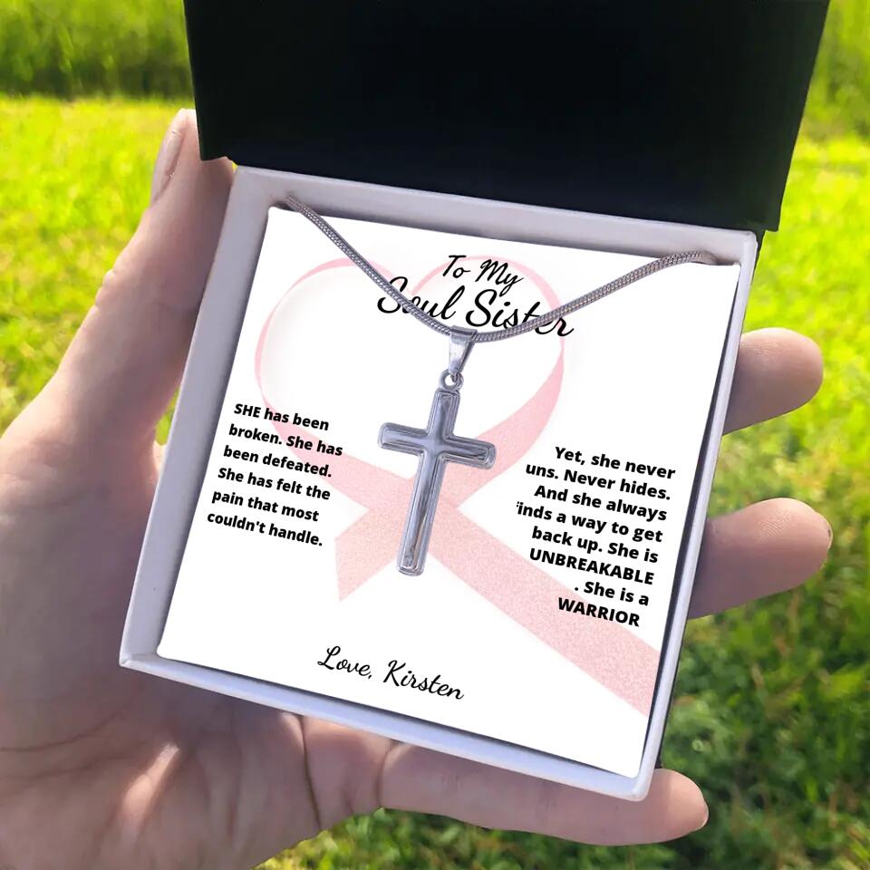 She Is A Warrior, She Is You... Cross Necklace with Personalized Message Card!