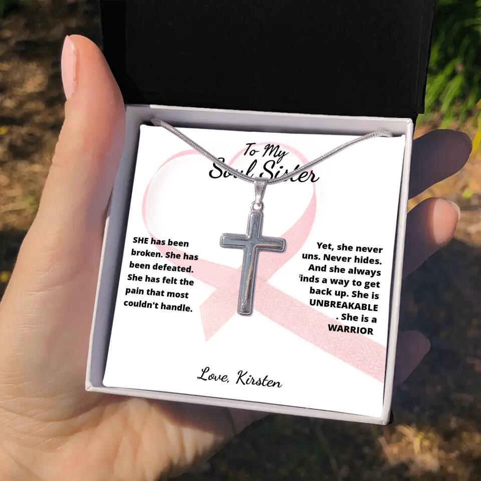 She Is A Warrior, She Is You... Cross Necklace with Personalized Message Card!