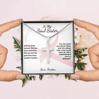 She Is A Warrior, She Is You... Cross Necklace with Personalized Message Card!