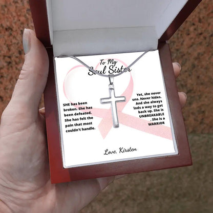 She Is A Warrior, She Is You... Cross Necklace with Personalized Message Card!