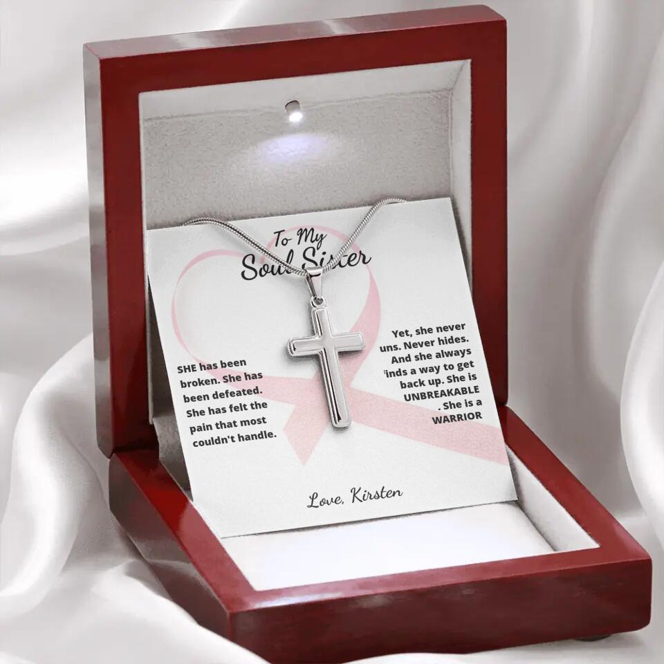 She Is A Warrior, She Is You... Cross Necklace with Personalized Message Card!